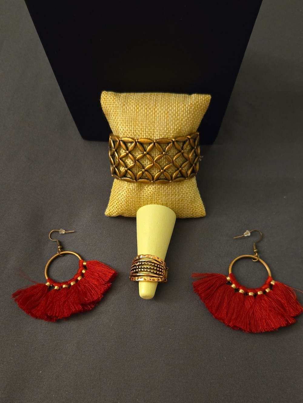 Copper-Tone Textured Cuff Bracelet and Red Tassel Hoop Earrings Set